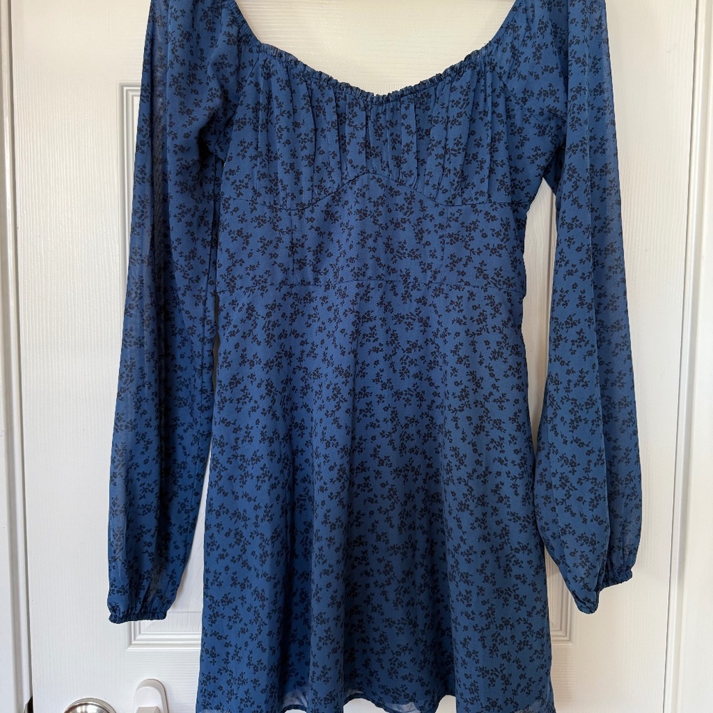 Hollister Blue Floral Ruched Long Sleeve Mini Dress - Sz S